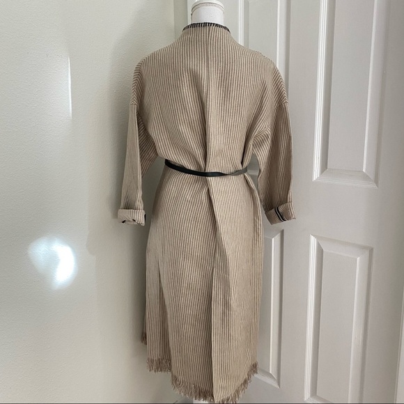 Zara Woman Stripe Wrap Dress Coat Sz Med Belted Linen Fringe Hem Roll Up Sleeves - Picture 8 of 14